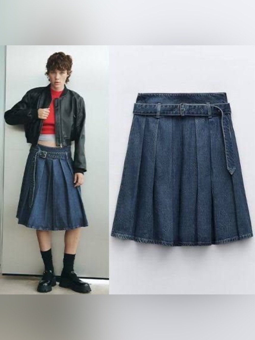 Zara Denim Pleated Belted Skirt - Blue